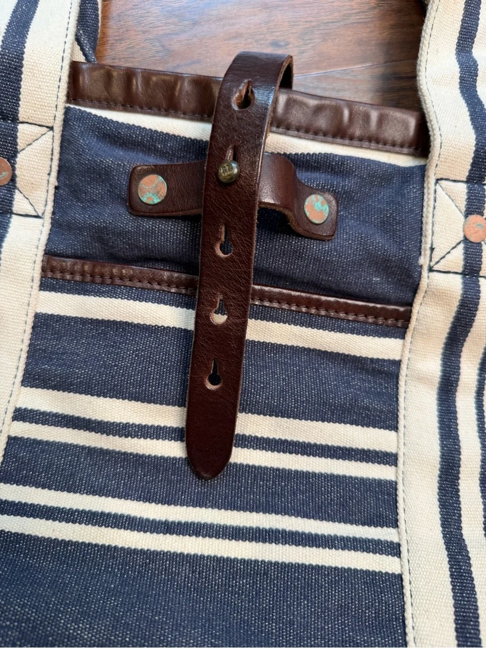 Polo Ralph Lauren Indigo Striped Cotton Canvas Leather Tote Bag Stripe Nautical